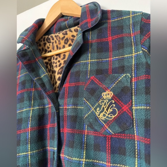 Vintage Ralph Lauren Green plaid fleece long sleeve button down leopard lining - Picture 2 of 8